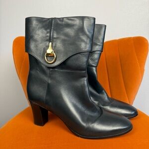 Black Leather Mid-Calf Heeled Boots with Gold Ring Accent